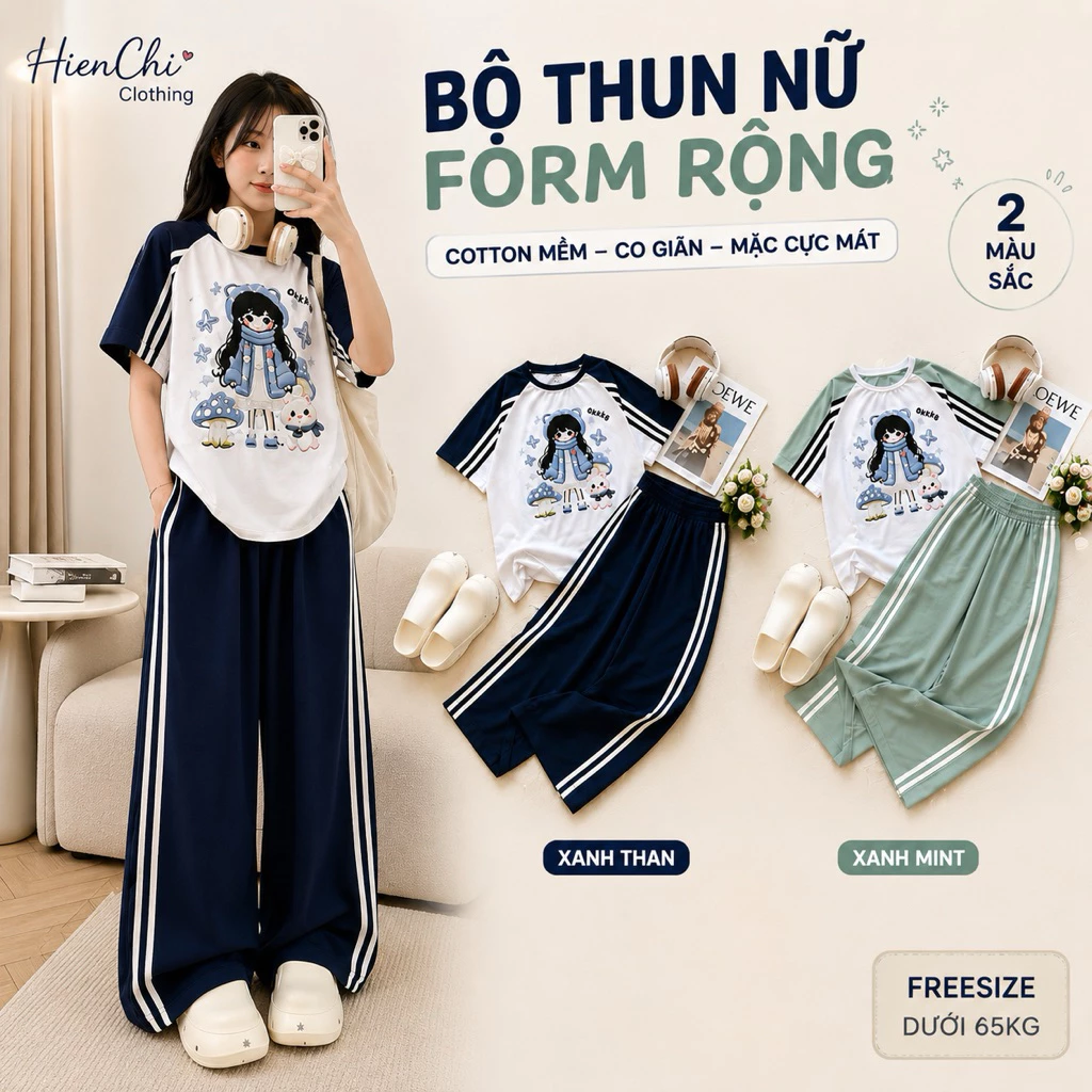 Set Bộ Nữ Áo Thun In Hình Cô Gái Nấm  Phối Tay Quần  Dài Sọc Ống Rộng Phong Cách Hàn Quốc