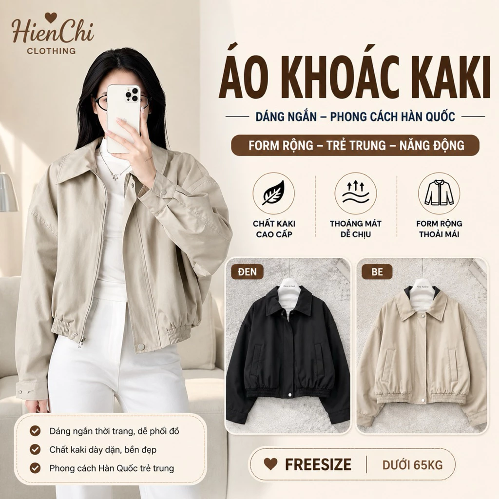 Áo Khoác Kaki Nữ Dáng Lửng Bomber Cổ Bẻ, Áo Khoác Dù Nữ Phối Túi, Form Rộng Thời Trang