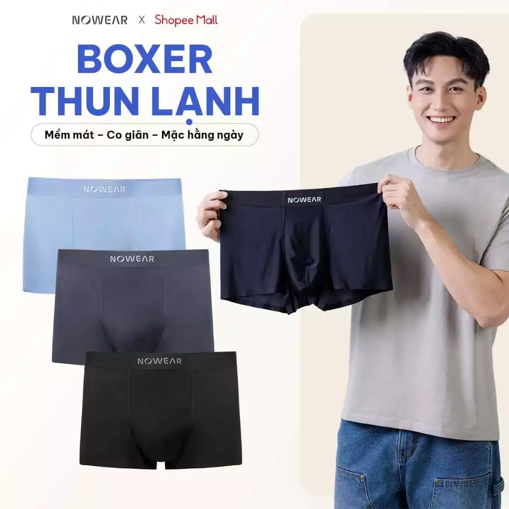 Combo 3 Quần Boxer Nam NOWEAR Thun Lạnh Co Giãn 4 Chiều, Lớp Lót Tổ Ong Thoáng Khí, Form Ôm Gọn