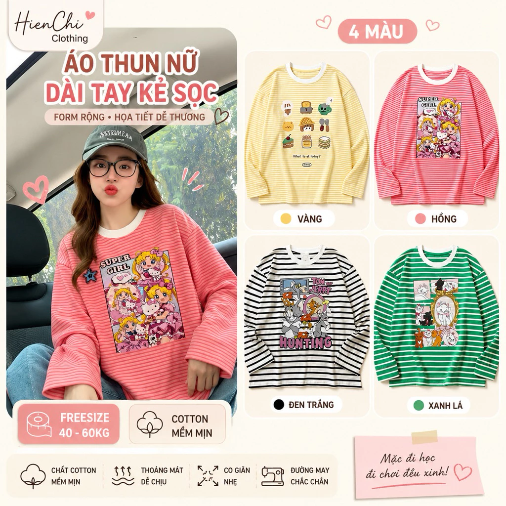 Áo Thun Nữ Dài Tay Kẻ Sọc Form Rộng In Hoạt Hình Dễ Thương, Áo Phông Oversize Nữ Phong Cách Hàn Quốc