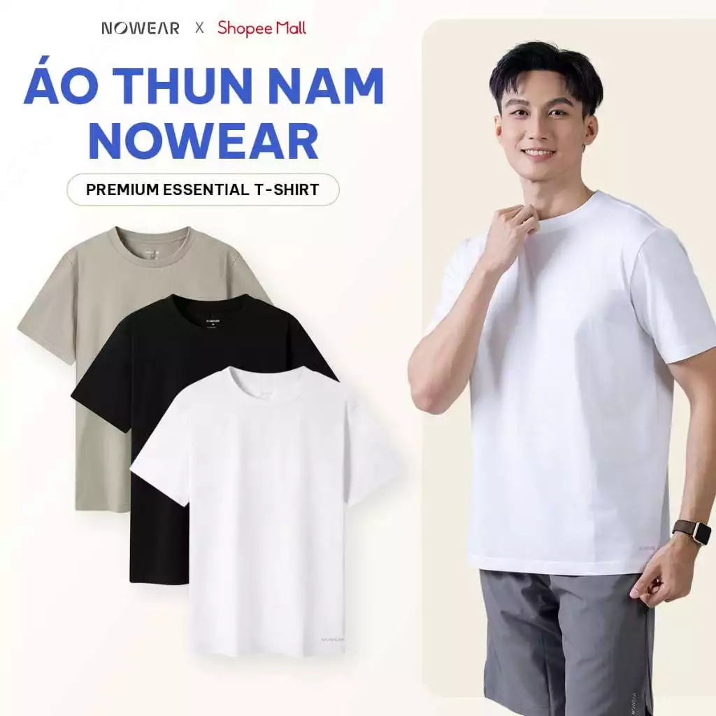 Áo Thun Nam Trơn NOWEAR Premium Essential T-Shirt Cotton, Co Giãn Mát Thoáng, Cổ Tròn Basic, Giữ Form Dễ Phối Đồ