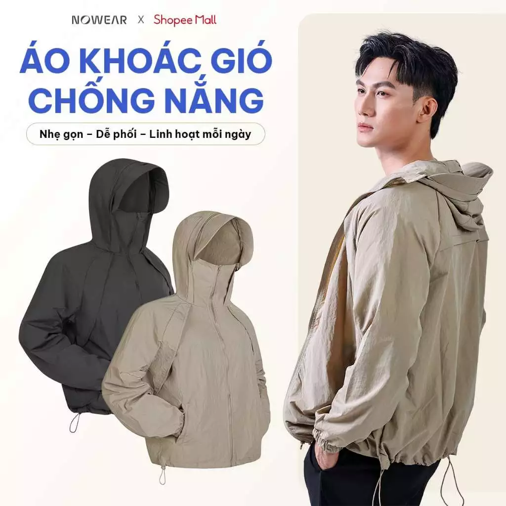 Áo Khoác Gió 1 Lớp Chống Nắng NOWEAR  - Ngăn UPF 50+, Mỏng Nhẹ, Kháng Nước Nhẹ, Thoáng Khí, Có Mũ, Túi Khóa