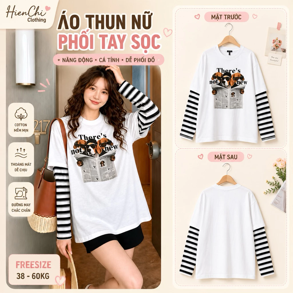 Áo Thun Nữ Dài Tay Phối Kẻ Sọc Hình In Cún - Chất Cotton Mềm Mát, Form Oversize Rộng Dưới 65kg