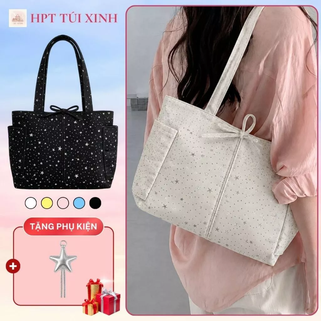 𝐂𝐓𝟎𝟏𝟐 - Túi tote nữ đeo vai họa tiết ngôi sao nổi tặng kèm charm, túi xách nữ thời trang Hàn Quốc size lớn a4 laptop