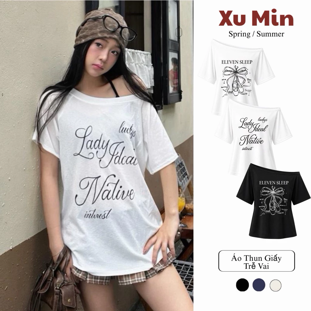 BST Áo Thun Giấy Trễ Vai Thích Hợp Thời Tiết Mừ Hè, Đi Chơi, Đi Biển In Hình Nhiều Phân Loại ( Cộc Tay Giấy Trễ Vai )