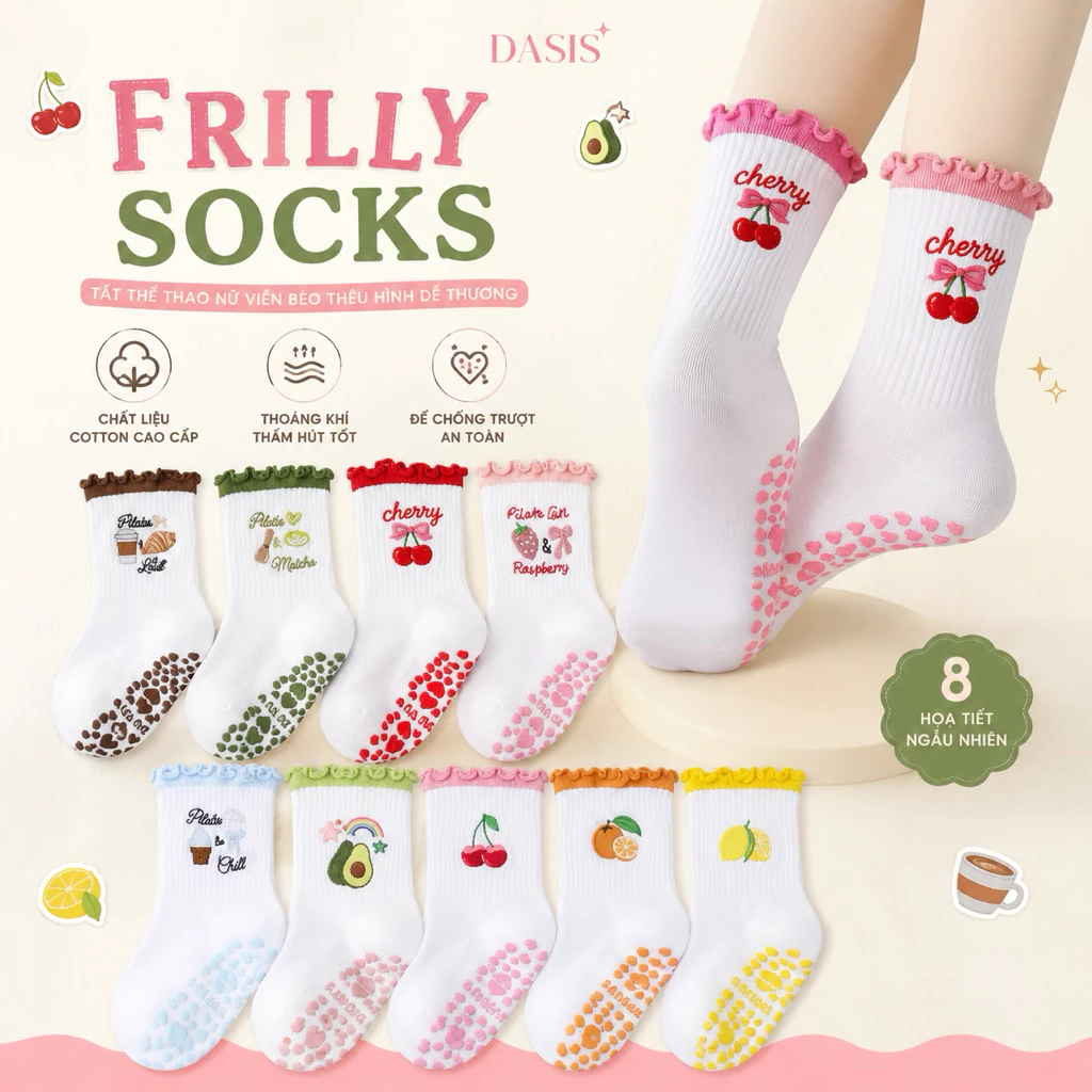 Frilly Socks - VỚ TẬP THỂ THAO CHỐNG TRƯỢT cổ trung viền bèo hoạ tiết thêu dễ huông