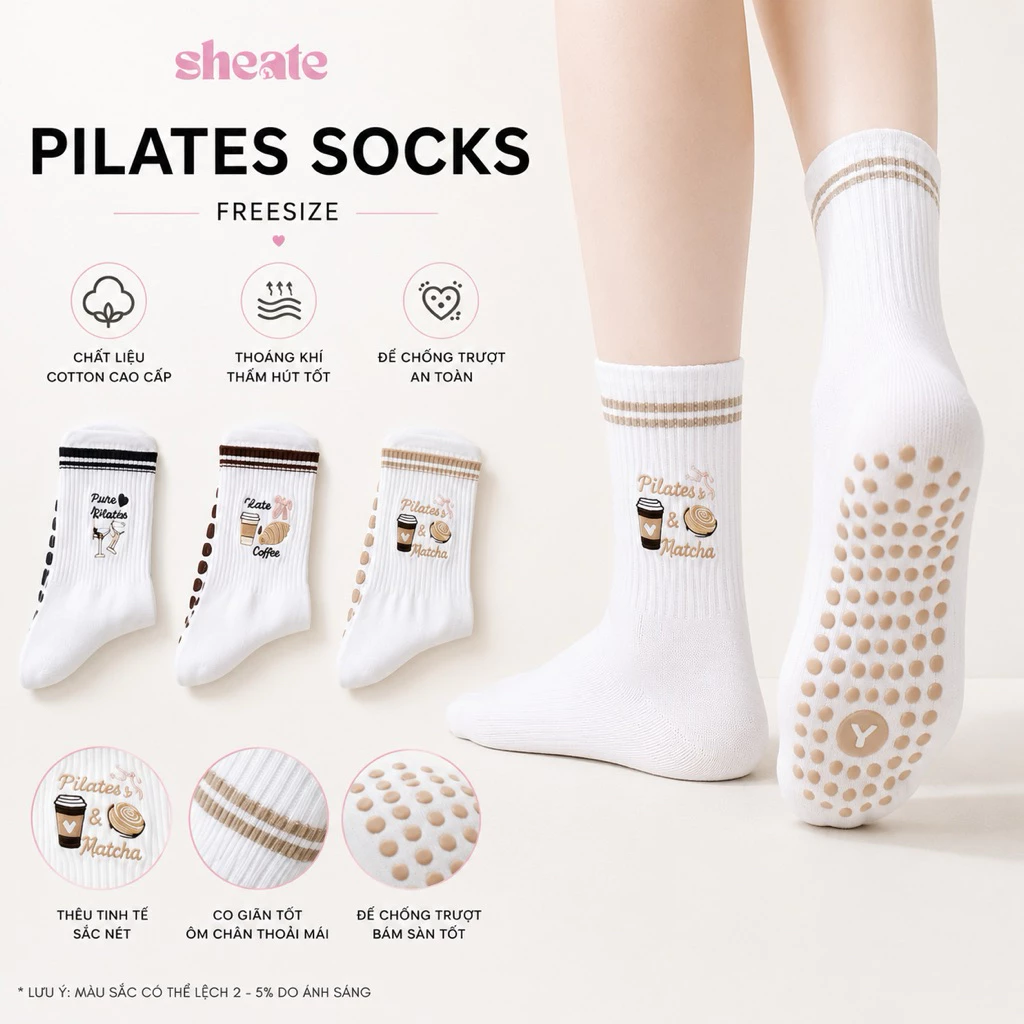 Pilates Socks - VỚ TẬP THỂ THAO CHỐNG TRƯỢT cổ trung hoạ tiết thêu dễ huông