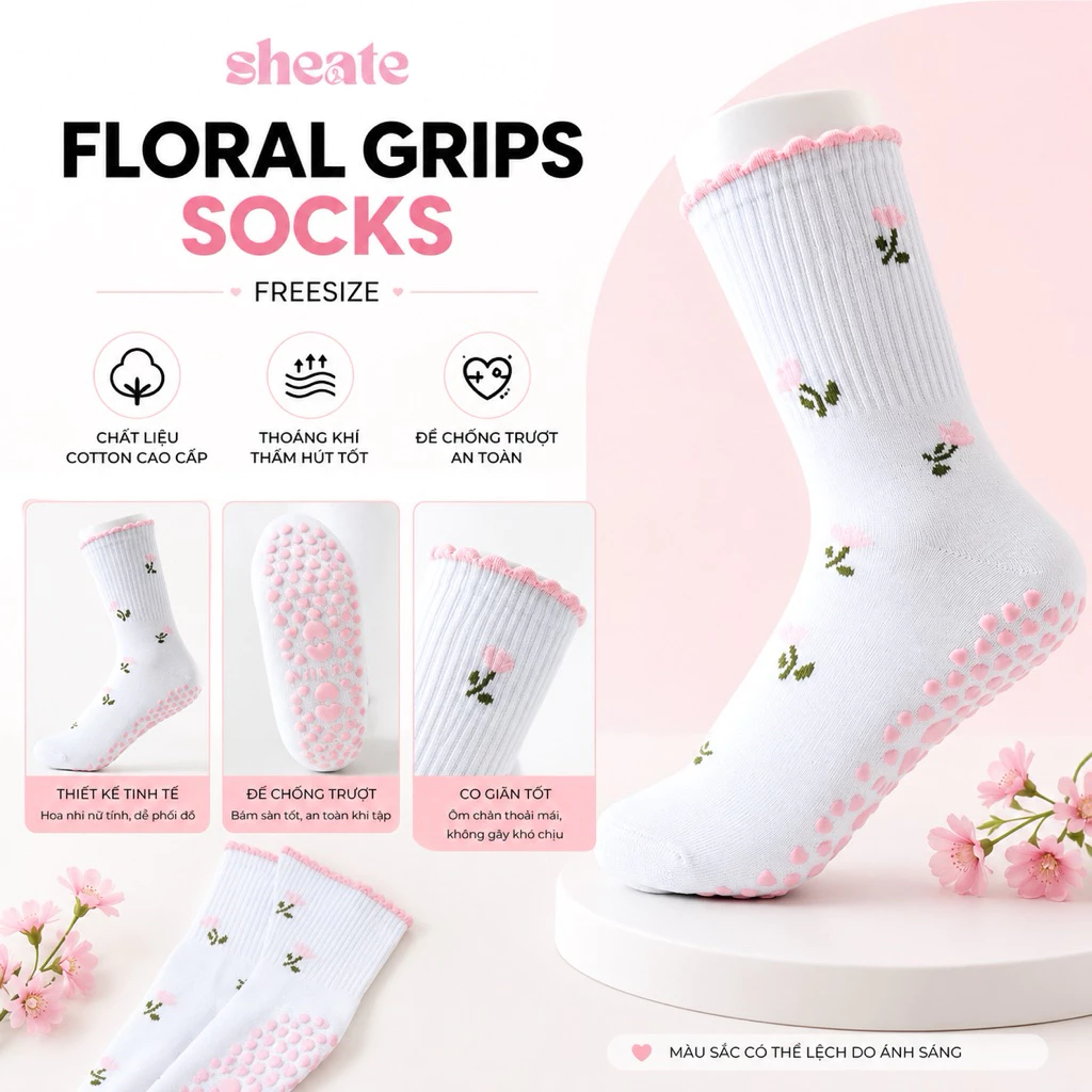 FLORAL GRIPS SOCKS / VỚ TẬP THỂ THAO CHỐNG TRƯỢT cổ trung hoạ tiết dễ huông