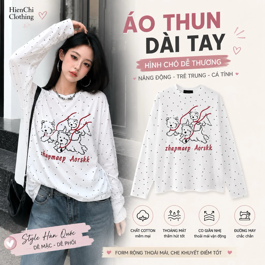Áo Thun Tay Dài Nữ Kiểu Hàn Quốc In Hình Cún Chất Mỏng Vừa Mặc Thu Đông, Áo Phông Dài Tay Y2K Dáng Rộng Unisex