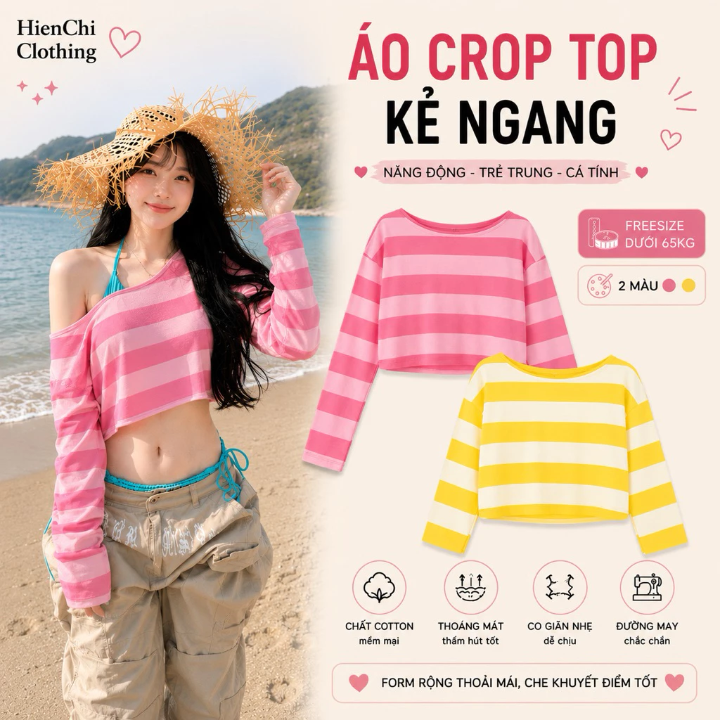Áo Croptop Trễ Vai Dài Tay Kẻ Ngang Dáng Rộng Đi Biển - Áo Thun Cổ Thuyền Hở Vai Kẻ Sọc - Vải Da cá Tôn Eo Tôn Dáng Y2K