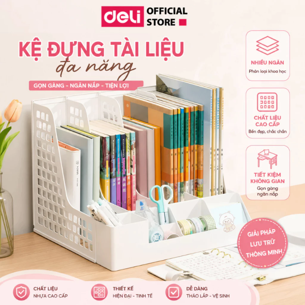 [DELI VPP] Giá Kệ Đựng Tài Liệu Văn Phòng Deli 3/4 Ngăn Kèm Khay Đựng Bút Đựng Sách Vở Để Bàn