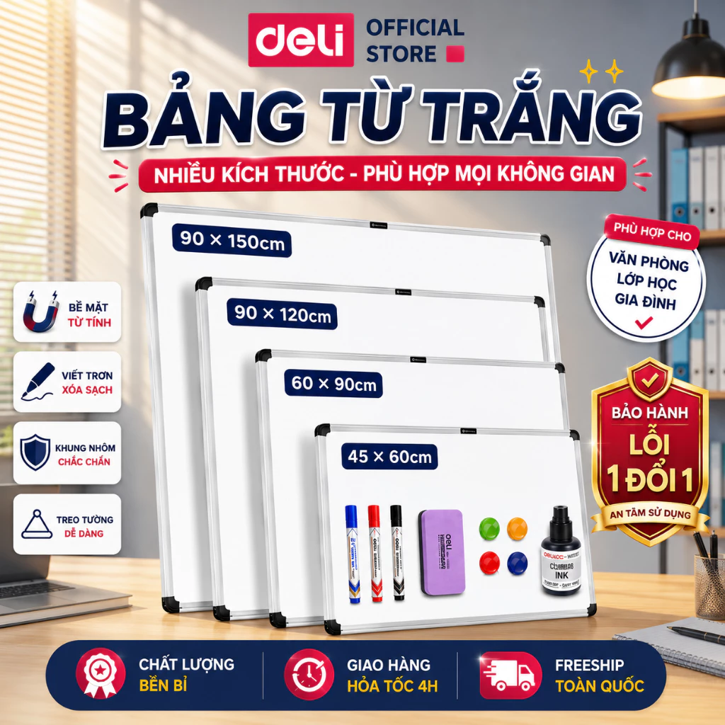 [KÈM PHỤ KIỆN] Bảng Từ Trắng Treo Viết Bút Lông Deli Bảng Mica Nam Châm Kèm Khay Đựng Học Sinh Văn Phòng