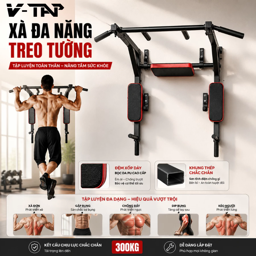 Xà Đơn Treo Tường Đa Năng Chịu Tải 300kg,  Xà Kép 8 Trong 1 Thép Sơn Tĩnh Điện Da PU Bền Bỉ