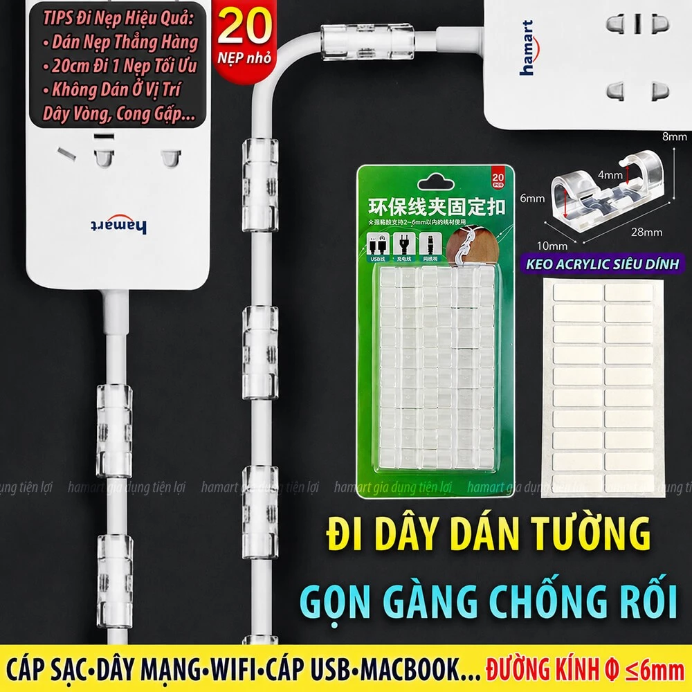 Nẹp Dây Điện KEO 3M VỈ 20c Kẹp Dây Cáp Điện Đi Dây Mạng LAN Dán Tường Chống Rối 3 Màu