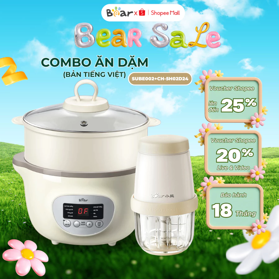 COMBO Nồi nấu cháo chậm 1.6L Bear SUBE002 Và Máy xay ăn dặm 8 Lưỡi Bear CH-5H02D24, BH 18 tháng