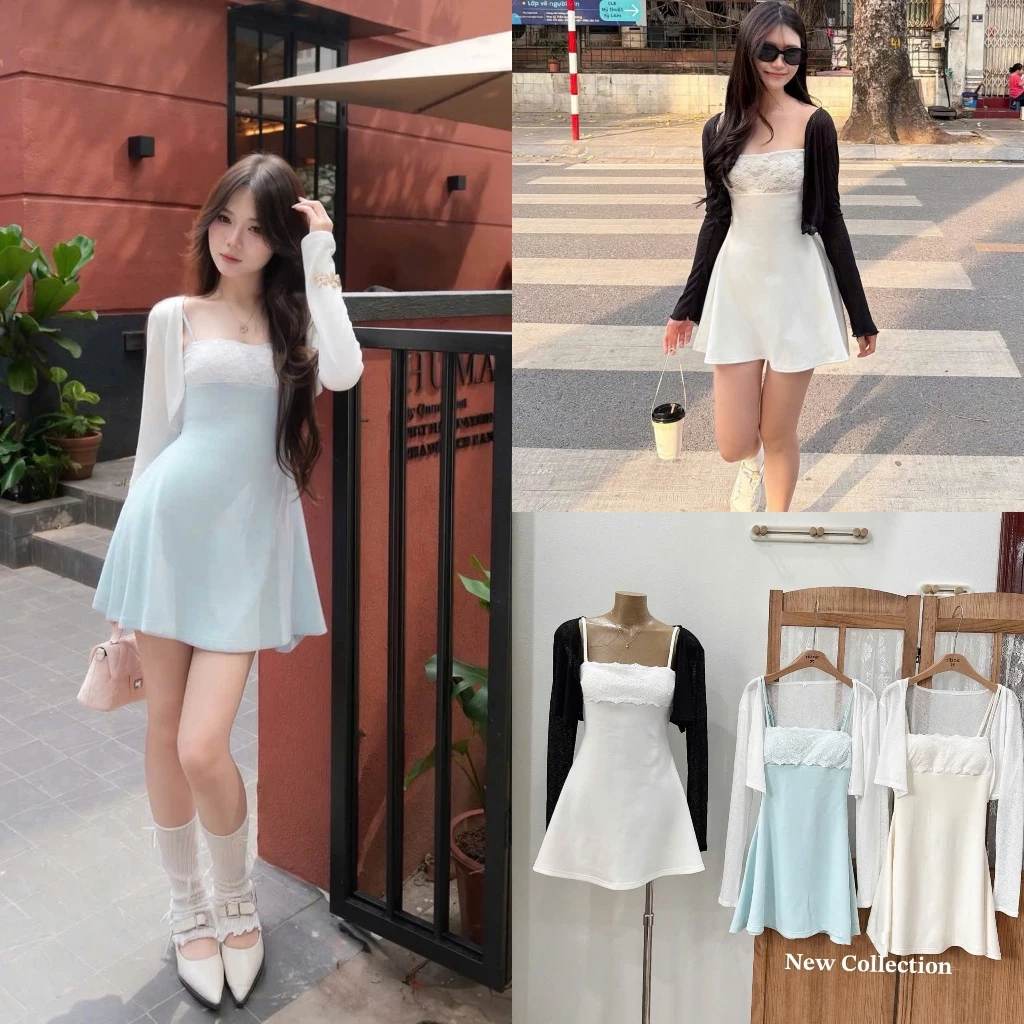 ( Set Váy 2 Món 3 Màu): Áo Cardigan Ngắn Phối Váy 2 Dây Dáng Xoè Thiết Kế Ren Đáp Ngực Basic Mặc Đi Chơi Cafe Dạo Phố