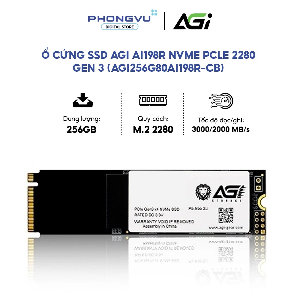 Ổ Cứng SSD AGI AI198R 256GB M.2 NVMe PCIe Gen3 x4, Đọc 1900MB/s, Ghi 1000MB/s - BH 36 Tháng