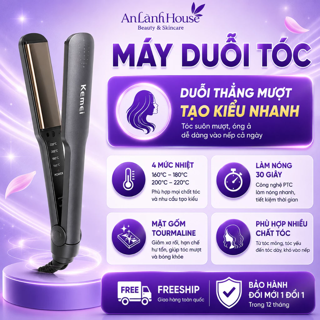 Máy Duỗi Uốn Tóc Kemei KM329 Mini, 4 Mức Nhiệt, Tạo Kiểu Đa Năng, Không Gây Xước Tóc