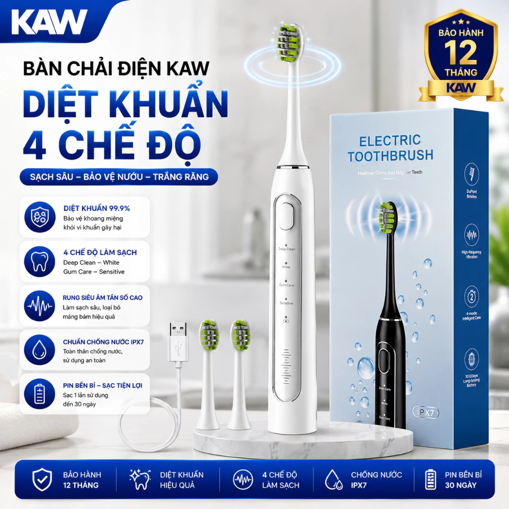 Bàn Chải Điện KAW Diệt Khuẩn 4 Chế Độ, Công Nghệ Sóng Âm, Chải Sạch Mảng Bám