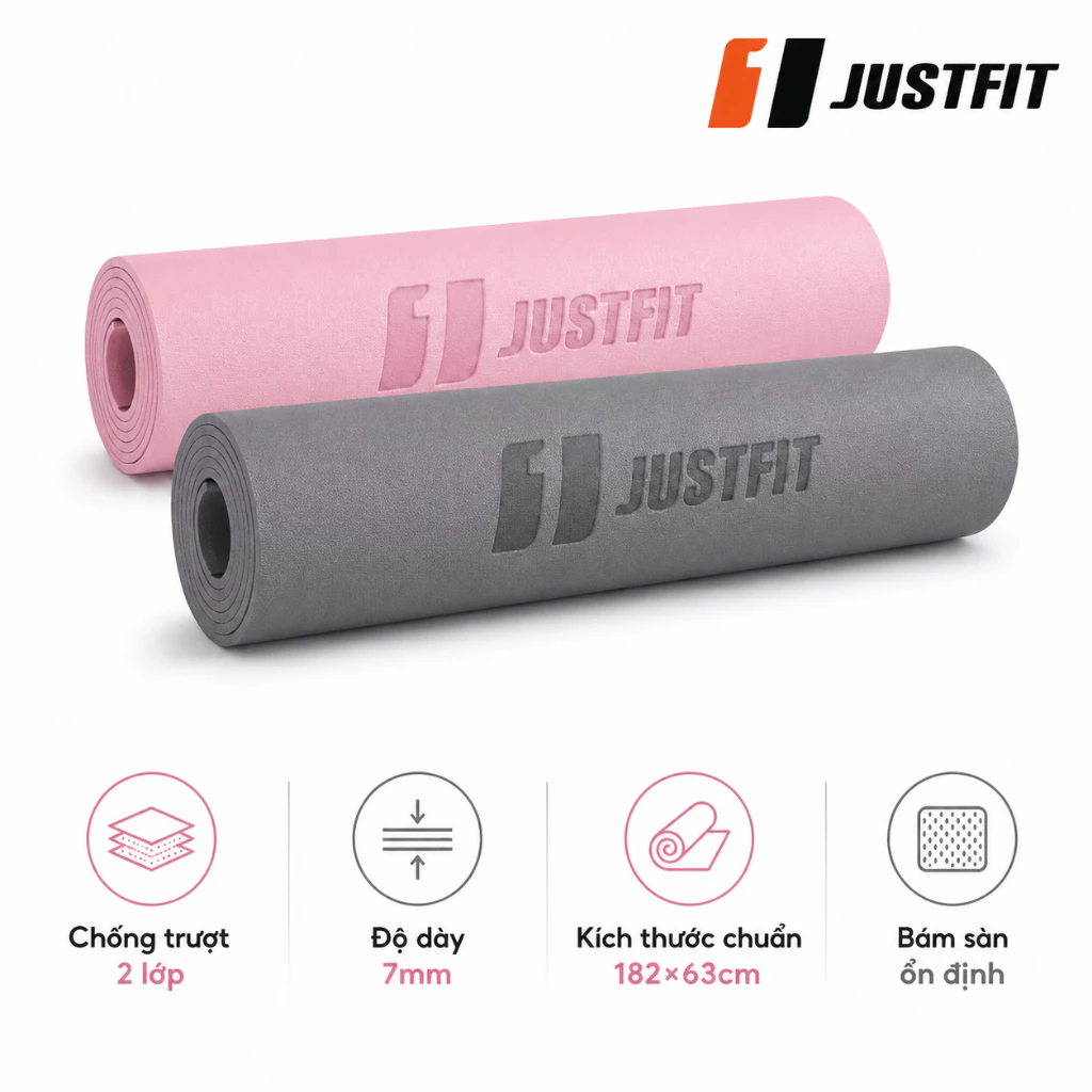 Thảm Tập Gym Yoga JUSTFIT Chống Trơn Trượt Dày 7mm TPE 2 Lớp 182x63cm  Đàn Hồi Cao Không Thấm Nước