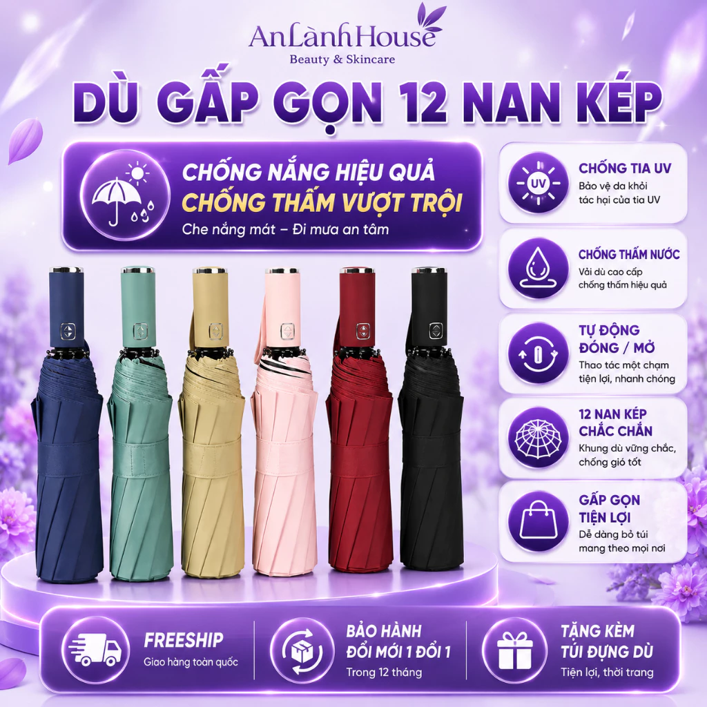 Ô Che Mưa 12 Nan Kép Tự Động, Khung Hợp Kim Siêu Bền, Chất Liệu Polyester Chống Tia UV