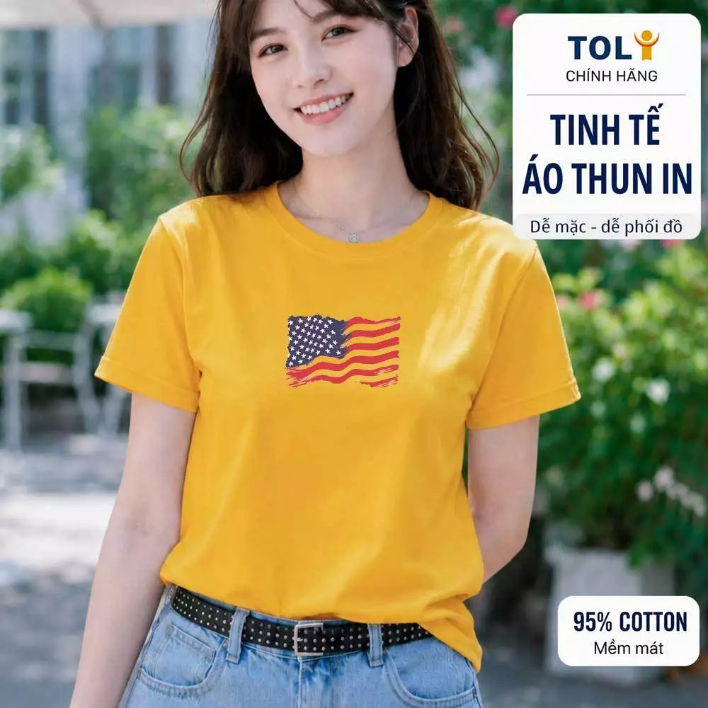 Áo thun nữ cổ tròn TOLI PSB07-M01 – In logo lá cờ trước ngực, form vừa dáng, vải cotton 4 chiều