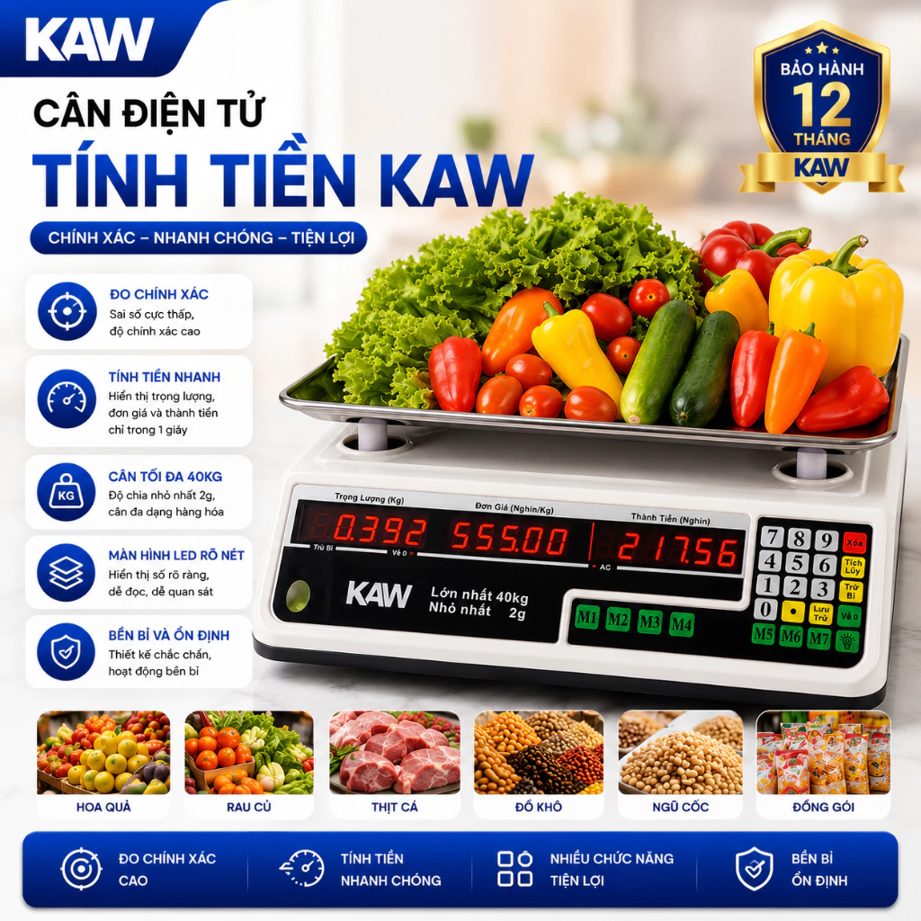 Cân tính tiền điện tử KAW - Hàng Chính Hãng, Kháng Nước, 2 Mặt Hiển Thị, Có Tiếng Việt