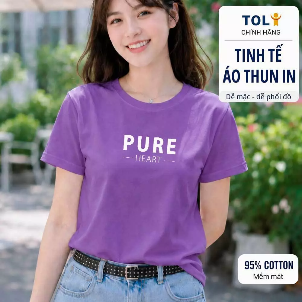 Áo thun nữ cổ tròn TOLI PSB41-M03 – In chữ PURE trước ngực, form vừa dáng, vải cotton 4 chiều