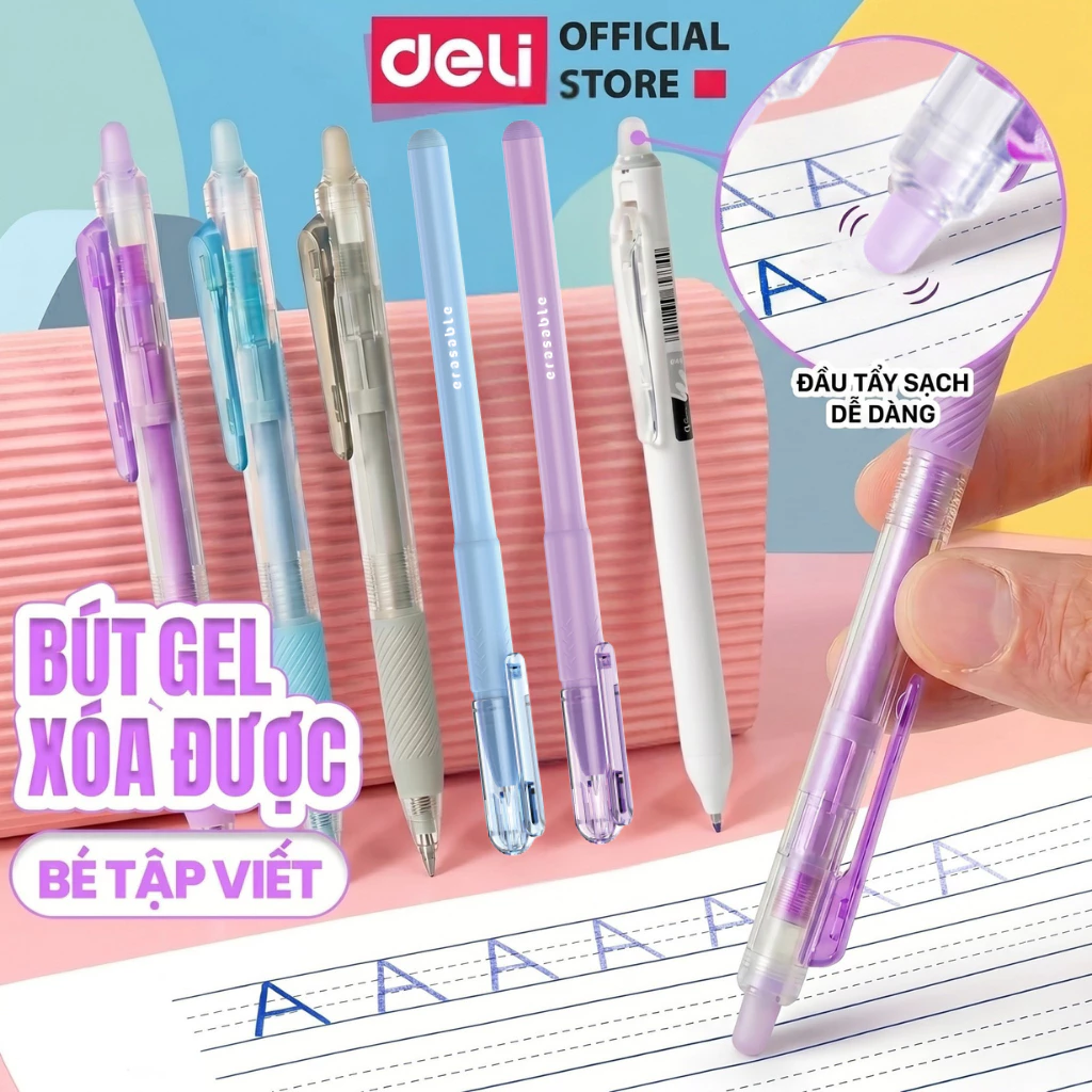 Combo 5/12 Bút Gel Xóa Được Deli Mực Tím Xanh Đen Ngòi 0.5mm Bút Bi Nước Có Gôm Học Sinh Tập Viết