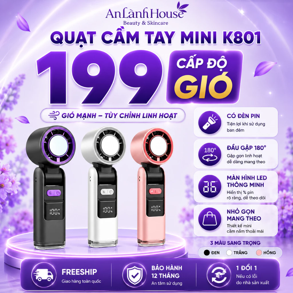 Quạt Tích Điện Mini K801 Pin 4000mAh, Làm Mát Mạnh Mẽ Màn Hình LED Thông Minh Tặng Kèm Dây Đeo Cổ