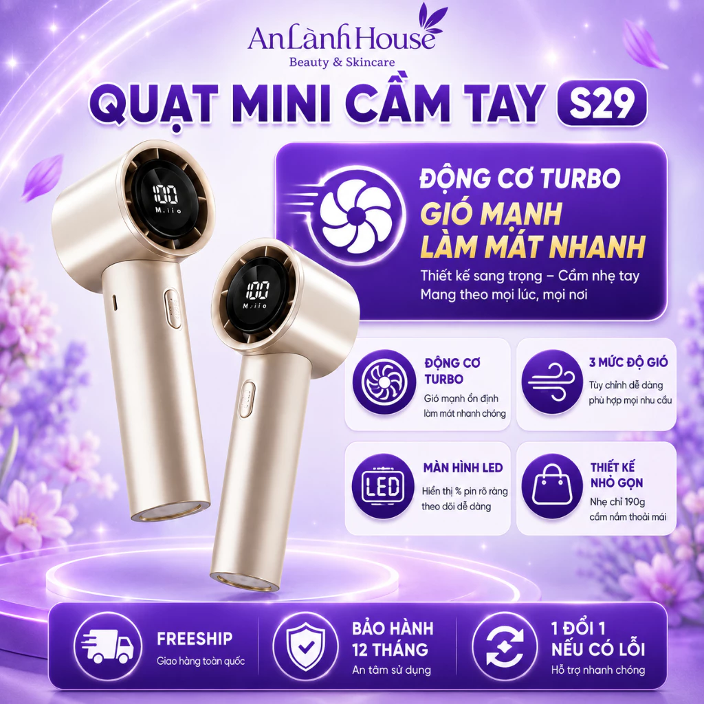 Quạt Tích Điện Mini Cầm Tay S29 Động Cơ Không Chổi Than Làm Mát Tức Thì Màn Hình LED Tặng Dây Đeo