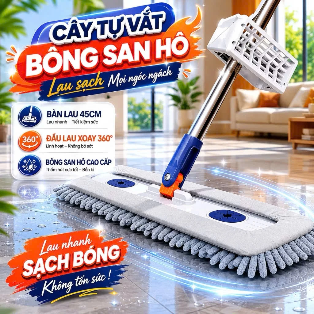 [NEW 2026] Cây Lau Nhà Tự Vắt, Chổi Lau Nhà Tự Vắt Thông Minh Xoay 360 Độ, Tặng Kèm Bông Lau.