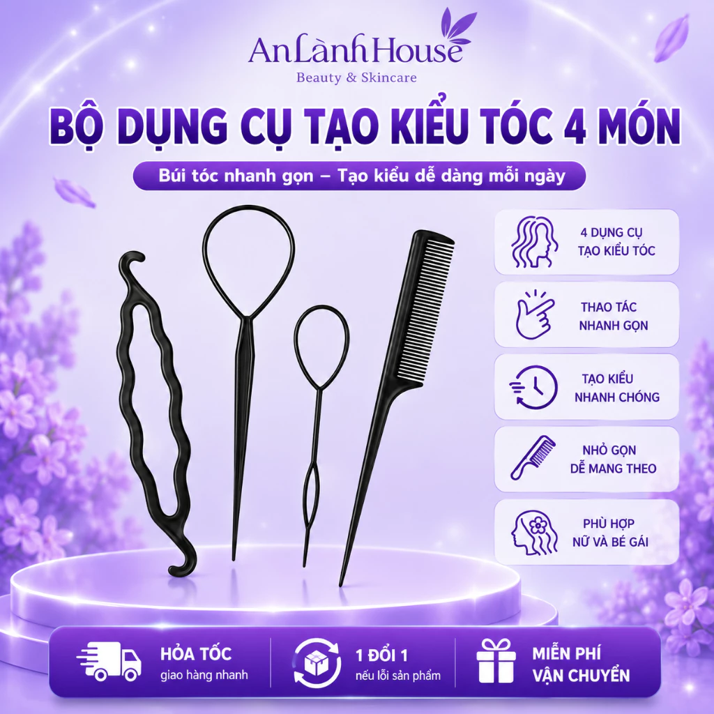 Bộ Dụng Cụ Tạo Kiểu Tóc 4 Món Đa Năng, Dụng Cụ Búi Tóc Nhanh Gọn Cho Nữ Và Bé Gái