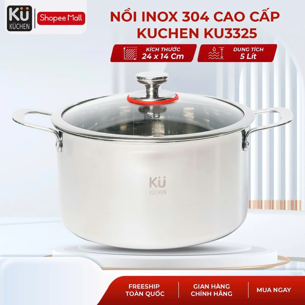 Nồi inox 5 lớp size 24-20-16cm cao cấp đạt chuẩn LFGB (Đức) KUCHEN KU3325 l Bảo hành 10 NĂM