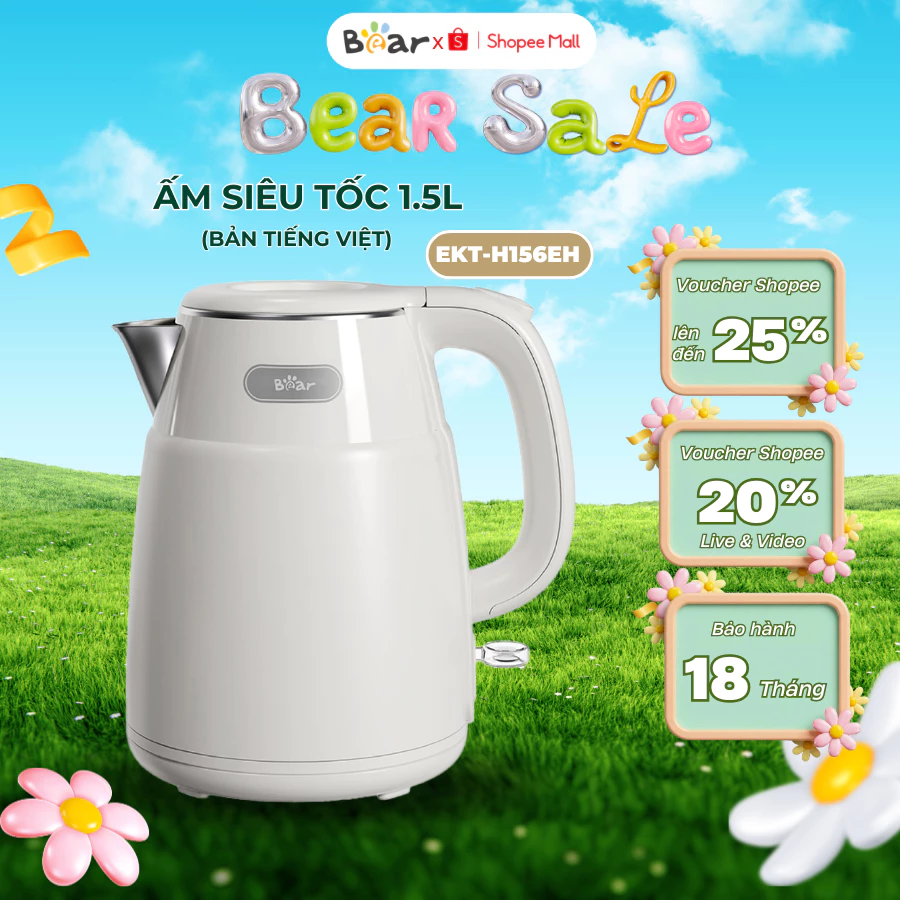 Ấm siêu tốc 1.5L Bear EKT-H156EH, 1500W, Đun nước lõi inox công nghệ làm nóng nhanh, BH 18 Tháng