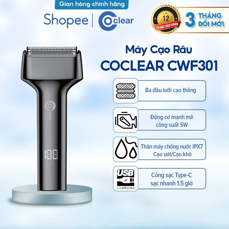 （NEW）Máy cạo râu điện lưỡi thẳng Coclear CWF301 với 3 cụm lưỡi cạo, cạo ướt và khô, sạc nhanh Type-C