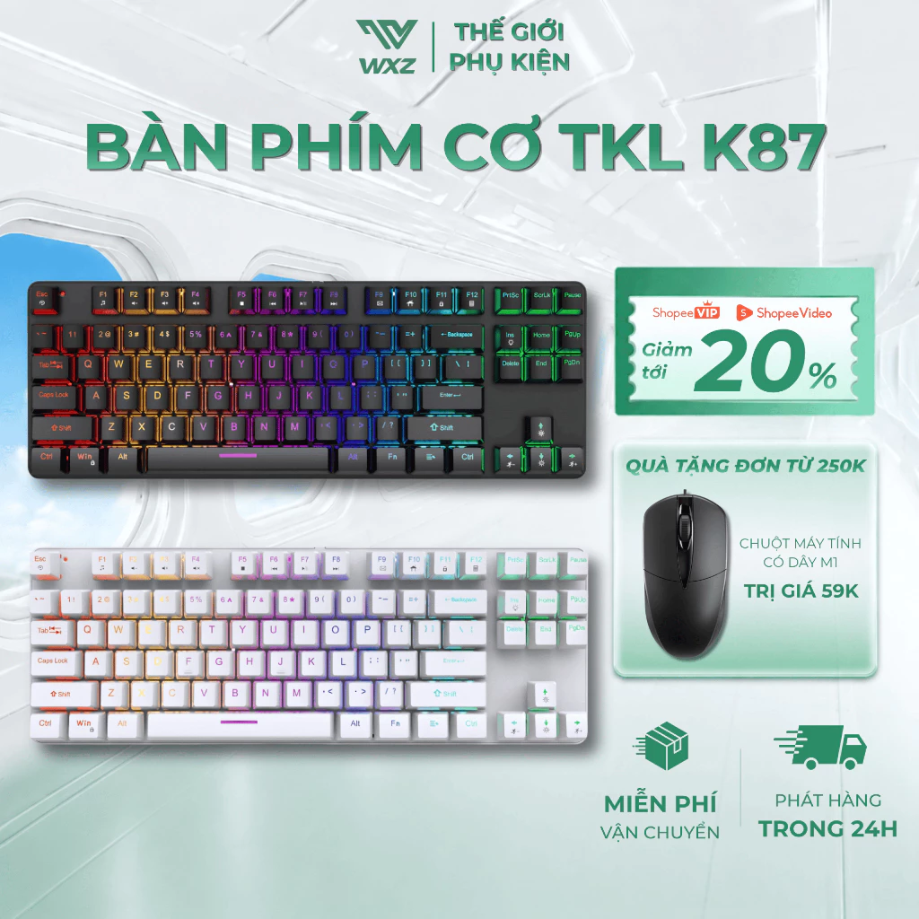 Bàn Phím Cơ K87 Pro Có Dây LED RGB Gaming – Blue Switch Clicky, 87 Phím Nhỏ Gọn, LED 16 Hiệu Ứng