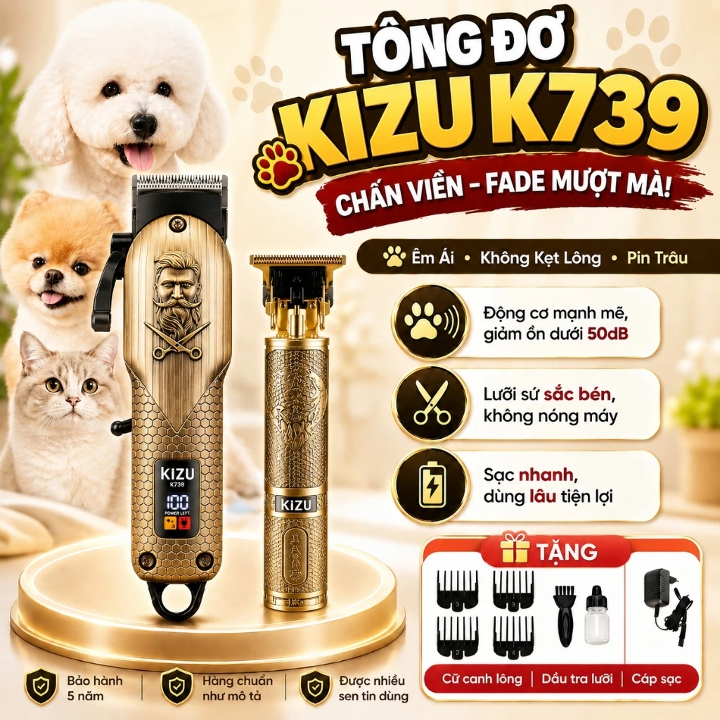 Tông Đơ Cắt Lông Chó Mèo Kizu K739, Lưỡi Thép Mạ Carbon Không Gỉ, Máy Cạo Lông Cho Thú Cưng Đa Năng