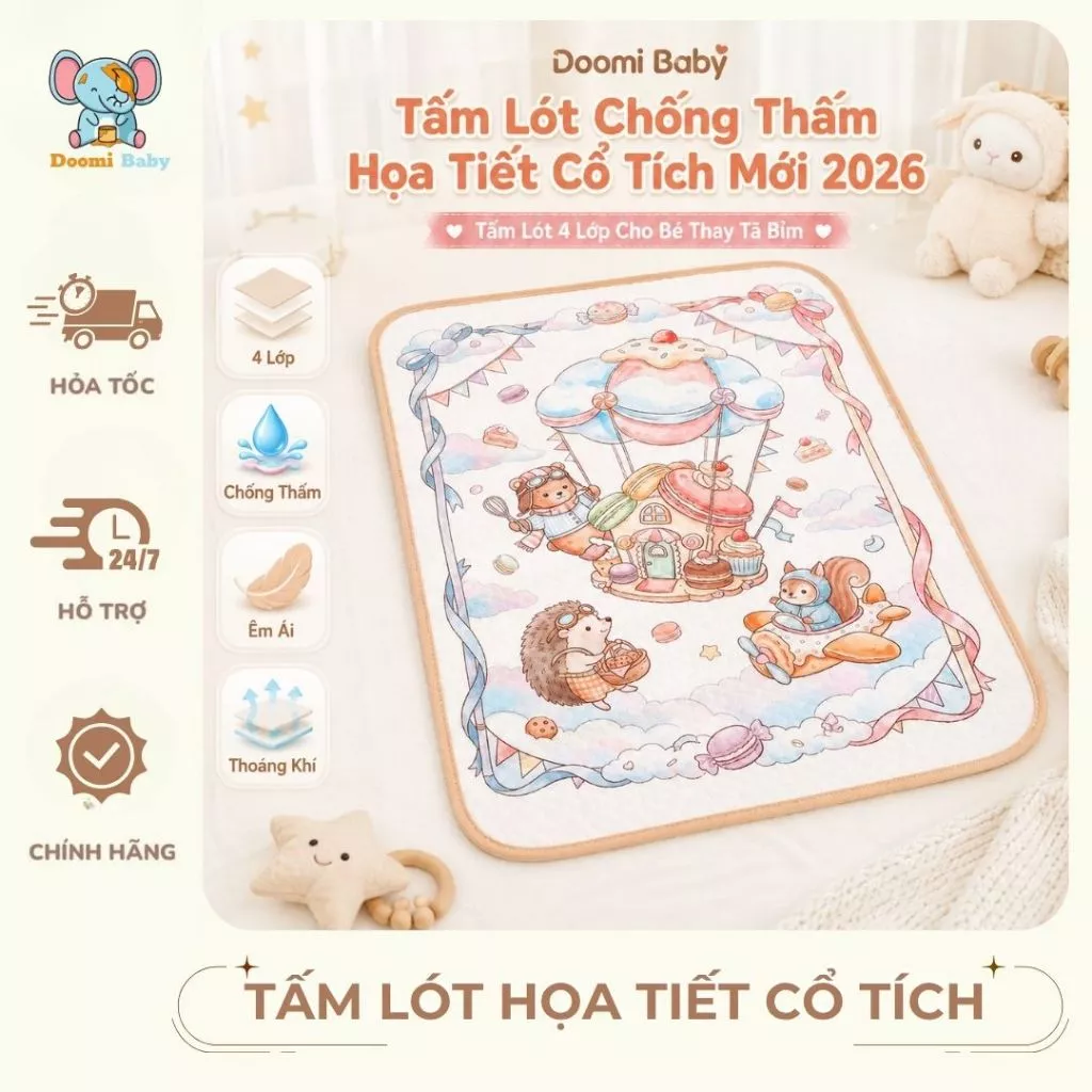 Tấm Lót Chống Thấm HọaTiết Cổ Tích Mới 2026,Tấm Lót 4 Lớp Cho Bé Thay Tã Bỉm Doomi Baby -HT669-HT843