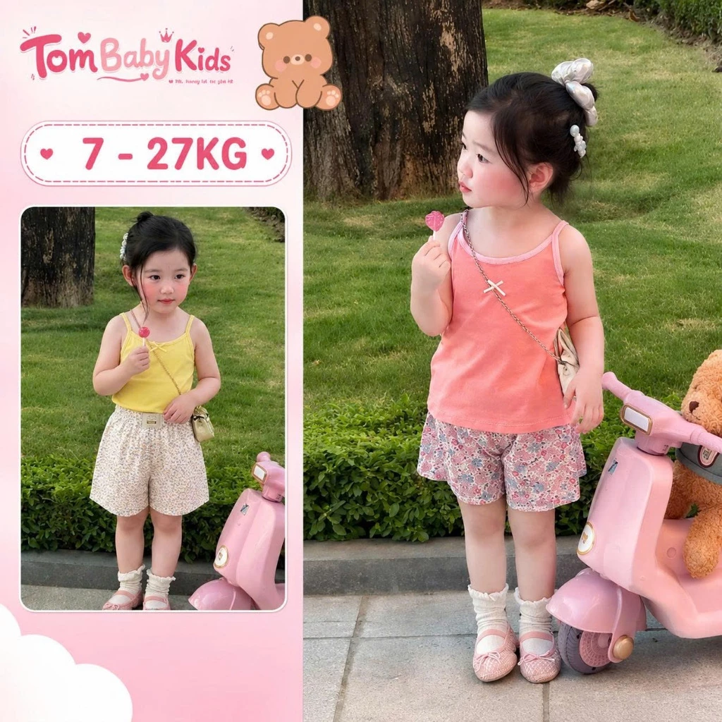 Combo 3 bộ 2 dây bé gái, set đồ mùa hè áo 2 dây quần short hoạt tiết dễ thương, chất mát lạnh Tom Baby Kids [SET-136-HN]