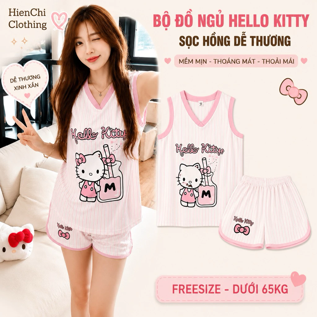 Set Đồ Bộ Nữ Mặc Nhà Tanktop Sát Nách Quần Cộc In Hình Kitty Kẻ Sọc Dễ Thương Chất Cotton Thoáng Mát