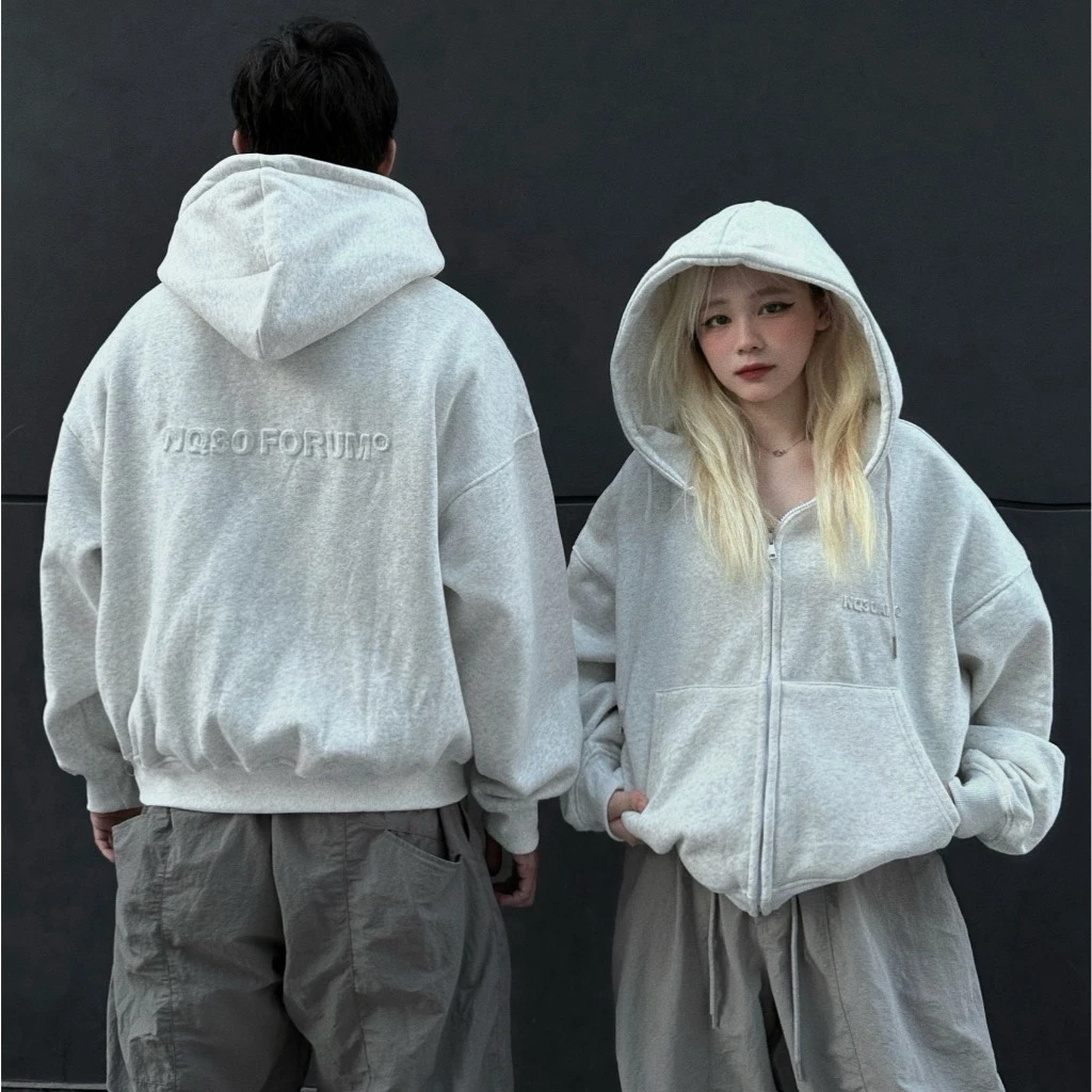 Áo Khoác Hoodie Zip Nỉ Bông Cotton Dập Nổi NQ30 FORUM Có 2 Màu Xám Trắng Và Xám Tiêu Form Boxy Nam Nữ Unisex