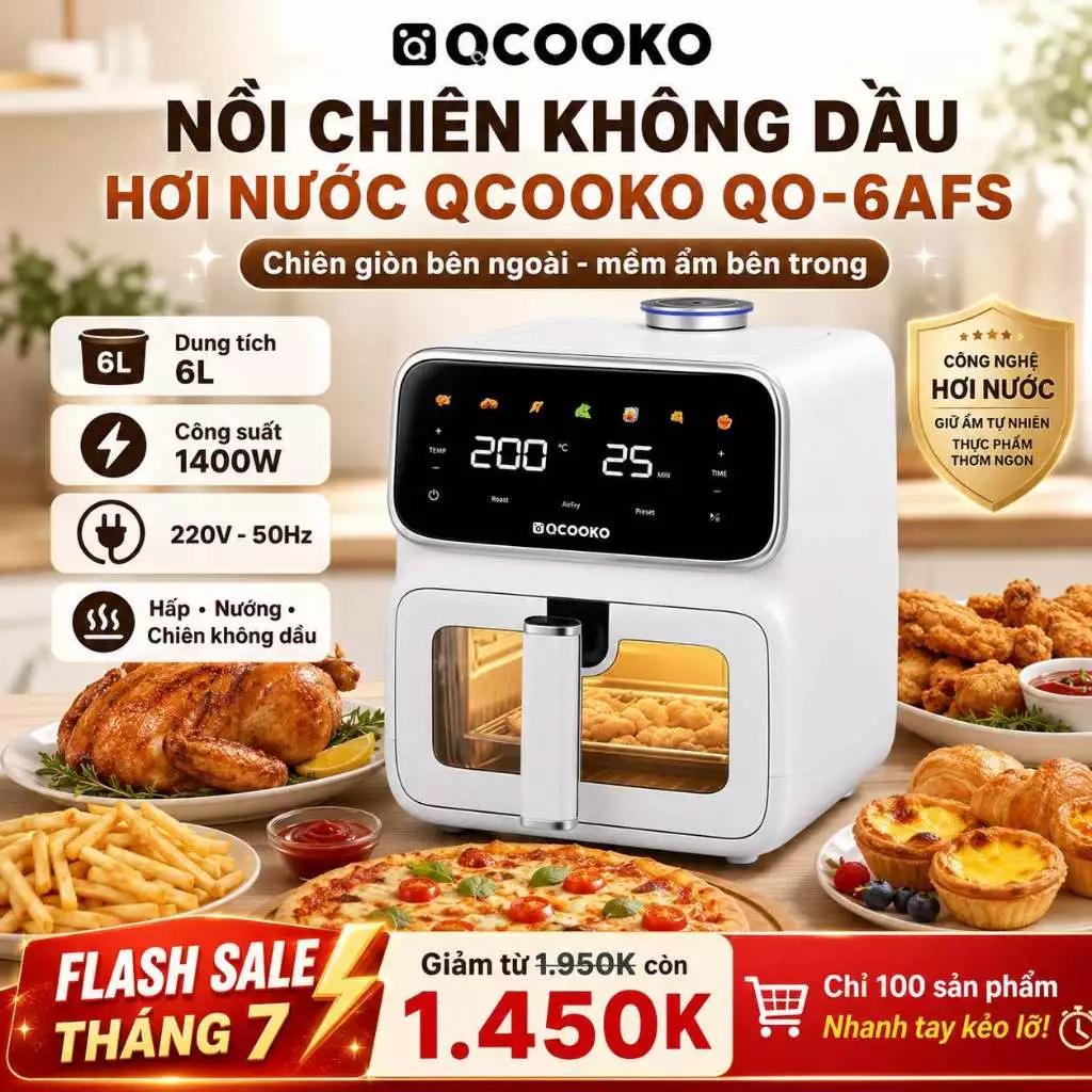 Nồi chiên không dầu hơi nước QCOOKO 6L QO-6AFS, công suất 1400W, KHÔNG CẦN LẬT, chiên nướng hơi nước giảm tối đa dầu mỡ