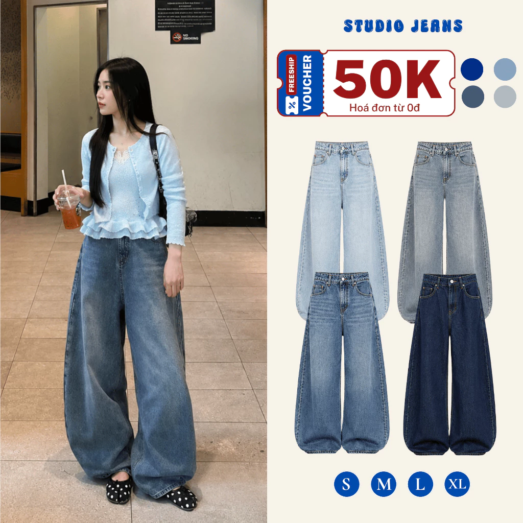 Quần Bò Jean Nữ Ống Phồng Rộng , Quần Ống Suông Rộng Basic Nhiều Màu Chất Liệu Jean Cao Cấp Đứng Form Đi Học Đi Làm