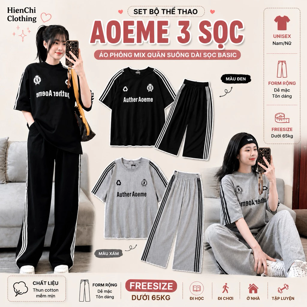 Set Bộ Thể Thao 3 Sọc Aoeme Nam Nữ Unisex Áo Phông Mix Quần Suông Dài Sọc Basic Dáng Rộng