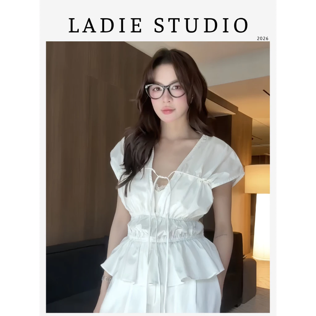 [LADIE STUDIO] Áo babydoll nhún eo cổ V – áo nữ peplum tay cánh tiên nữ tính AO09