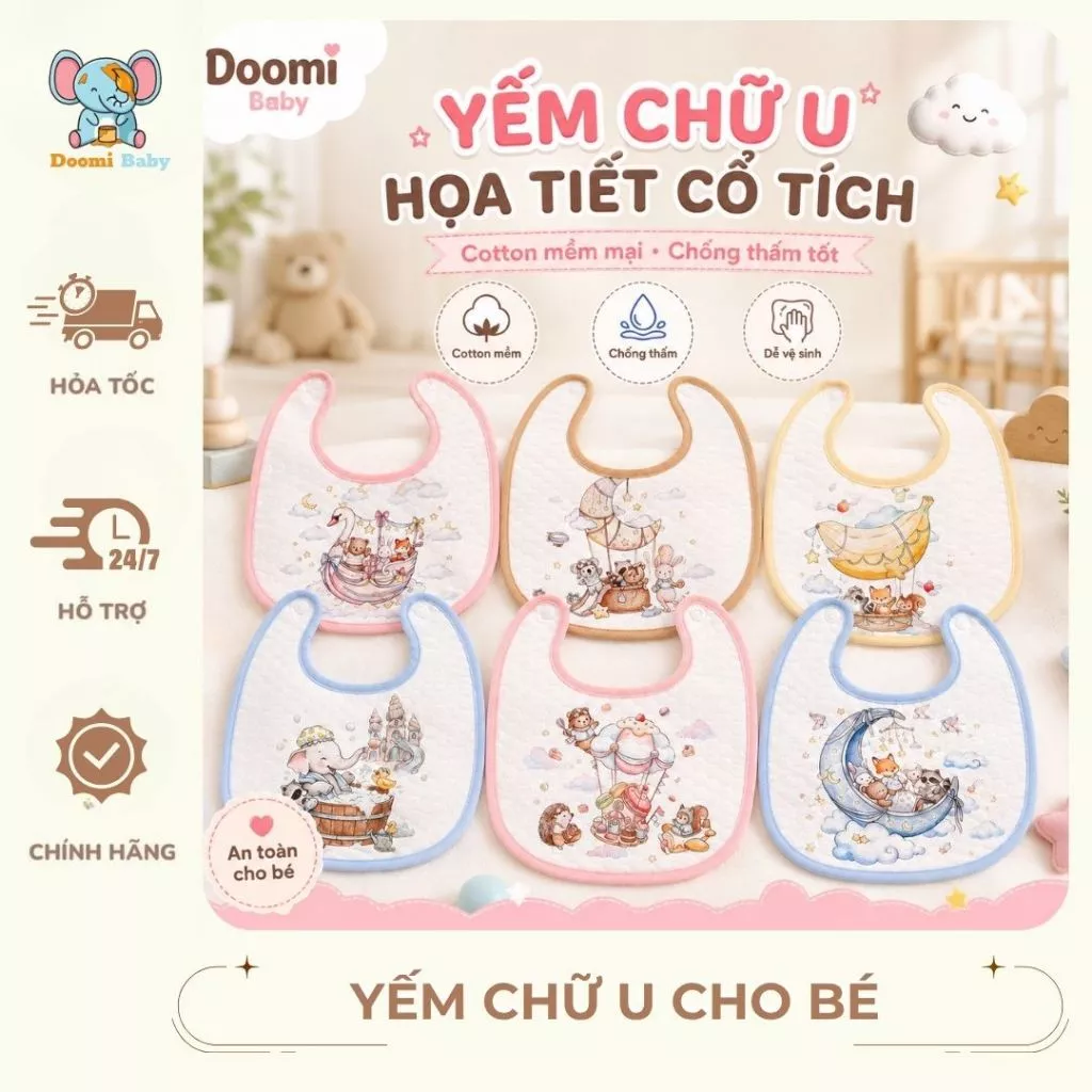 [MẪU MỚI] Yếm chữ U họa tiết Cổ Tích chất liệu cotton có lớp chống thấm tốt Doomi Baby - HT842
