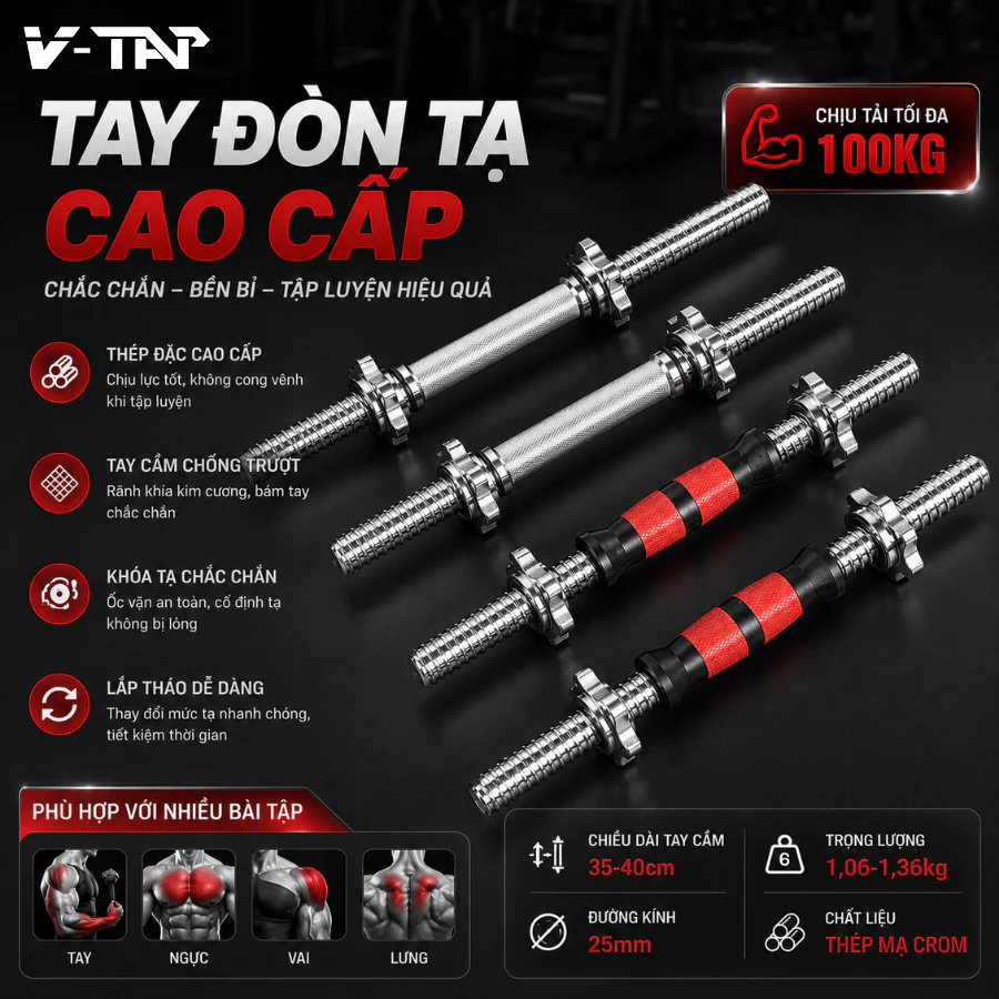 Đòn Tạ Tay Đơn Phi 25mm, Thanh Đòn Tạ Thép Đặc Mạ Điện 35cm, 40cm Kèm Chốt Tạ (1 tay)