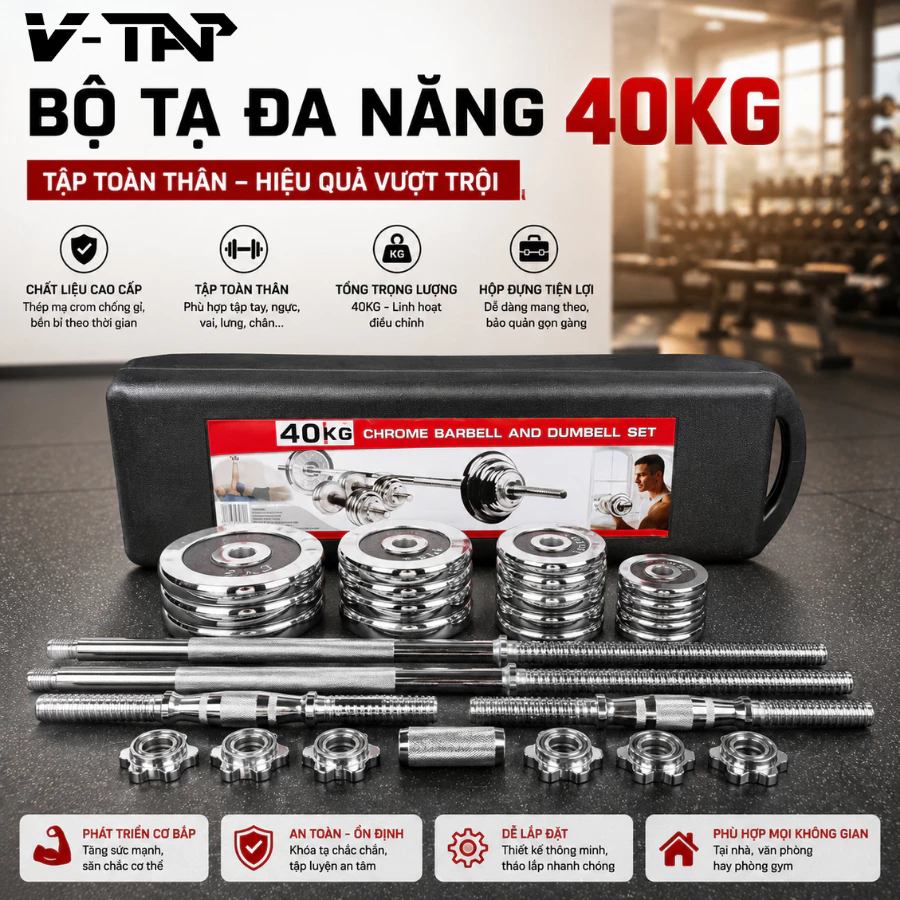 Bộ Tạ Tập Gym Tại Nhà 40KG Chất Liệu Gang Mạ Niken Điều Chỉnh Đa Năng Tay Cầm Quả Táo (Kèm Hộp Đựng)