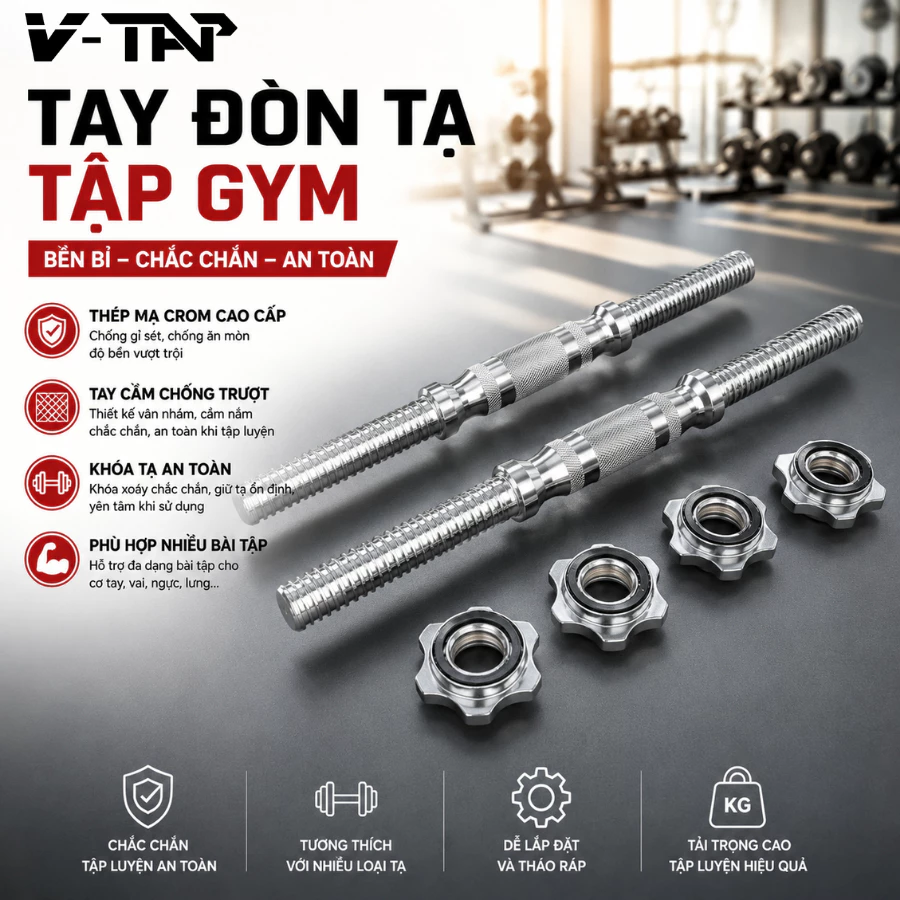 Đòn Tạ Tay Đơn Tay Cầm Quả Táo Phi 25mm, Thanh Đòn Tạ Thép Đặc Mạ Điện 35cm, 40cm Kèm Chốt Tạ